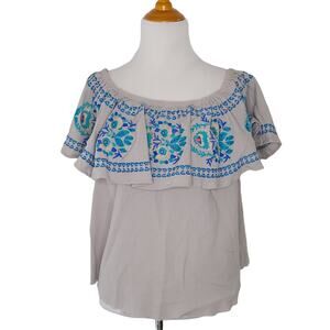 Soft Surroundings Peasant Blouse Embroidered Altered Blue Floral Medium
